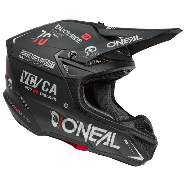 Studio image highlighting O'Neal, 5 Series Brand Helmet, SKU 0628-502, color options Black/Grey, sizes XS–2X