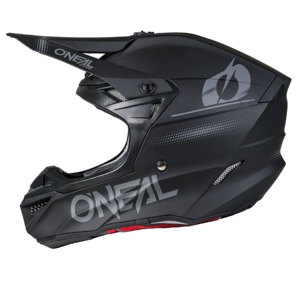 Detailed studio photograph of O'Neal, 5 Series Blackout Helmet (Youth), color options Black/Grey, sizes Y-SM, Y-MD, Y-LG