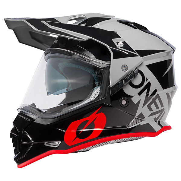 Studio image on a white background of O'Neal, Sierra R V.23 Helmet, SKU 0818-014, color options Black/Grey, Grey/Black/Red, sizes XS–2X