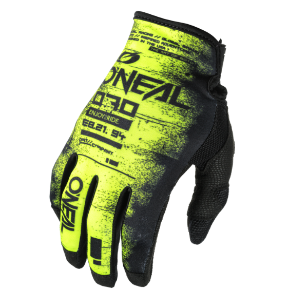 Studio photo showcasing O'Neal, Mayhem Scarz V.24 Glove, Offroad Gloves, SKU M030-049, color options Neon, White, sizes XL–2X