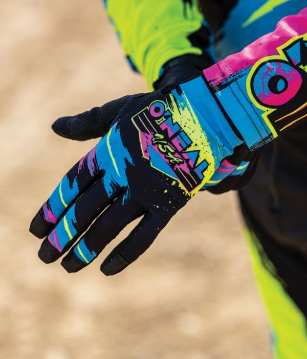 Colorful glove with branding on a blurred background Oneal Gloves collection