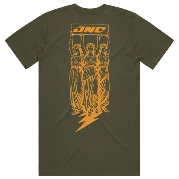 High-resolution studio image of One Industries Mythology Tee; showing tee fit, printed graphics, and crew neckline; SKU Z003-6; Colors: Walnut, Cypress