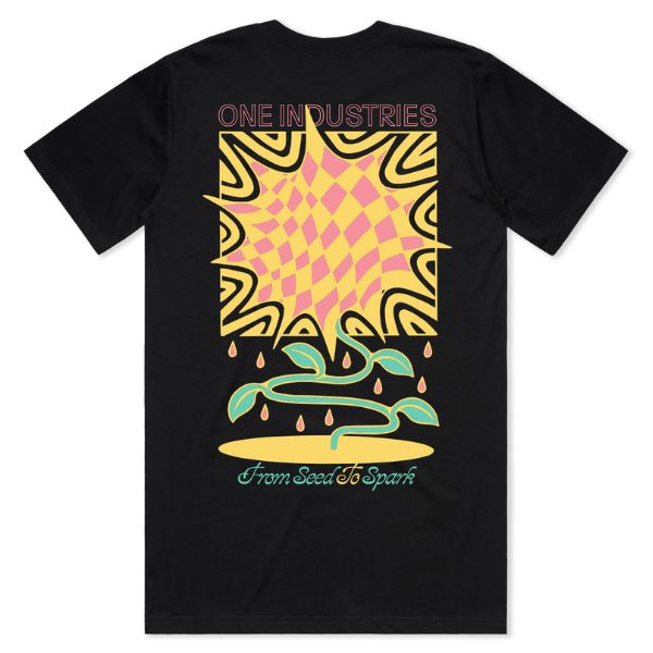 Crisp studio image on a white background of One Industries Blossom Tee; showing tee fit, printed graphics, and crew neckline; SKU Z003-K0; Sizes: S-2XL
