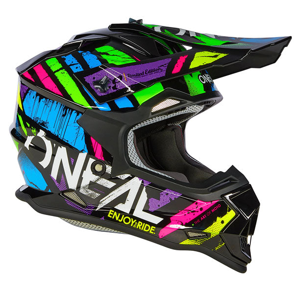Studio product photo on a neutral background of O'Neal, 2 Series Glitch V.23 Helmet (Youth), color options Black/White, Multi, sizes Y-SM, Y-MD, Y-LG