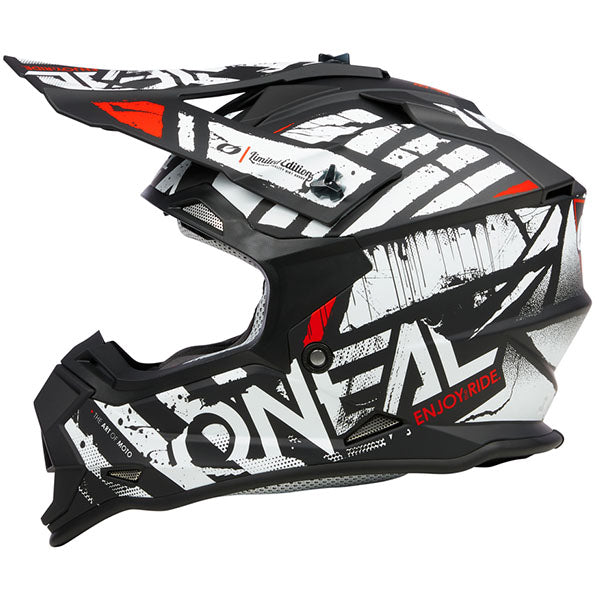 Studio photo showcasing O'Neal, 2 Series Glitch V.23 Helmet, SKU 0200-162, color options Black/Grey, Black/White, sizes XS–2X