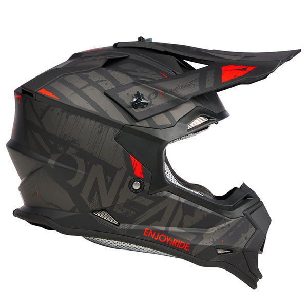 Studio product photo on a neutral background of O'Neal, 2 Series Glitch V.23 Helmet, SKU 0200-175, color options Black/Grey, Black/White, sizes XS–2X