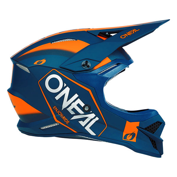 High-resolution studio image of O'Neal, 3 Series Hexx V.23 Helmet, SKU 0627-295, color options Black/White, Blue/Orange, sizes XS–2X