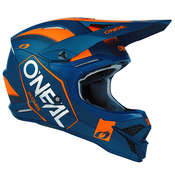 Studio photo showcasing O'Neal, 3 Series Hexx V.23 Helmet, SKU 0627-293, color options Black/White, Blue/Orange, sizes XS–2X