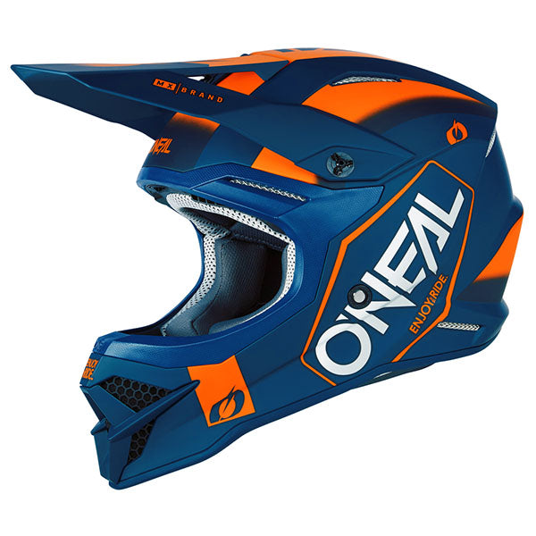 Studio product photo on a neutral background of O'Neal, 3 Series Hexx V.23 Helmet, SKU 0627-292, color options Black/White, Blue/Orange, sizes XS–2X