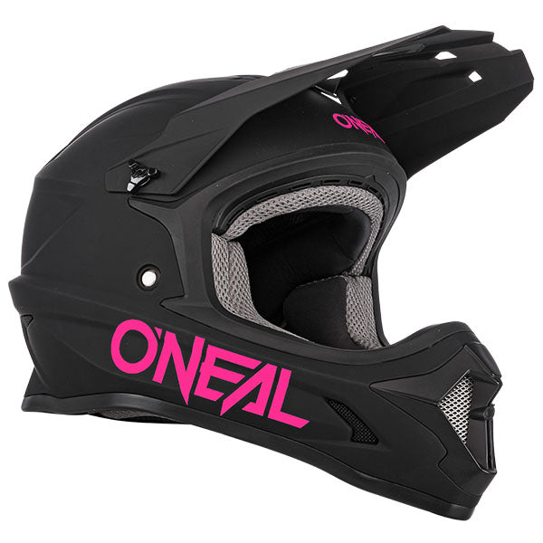 Studio photo showcasing O'Neal, 1 Series Solid Helmet (Girls), SKU 0632-265, color options Black/Pink, sizes Y-SM, Y-MD, Y-LG, Y-XL