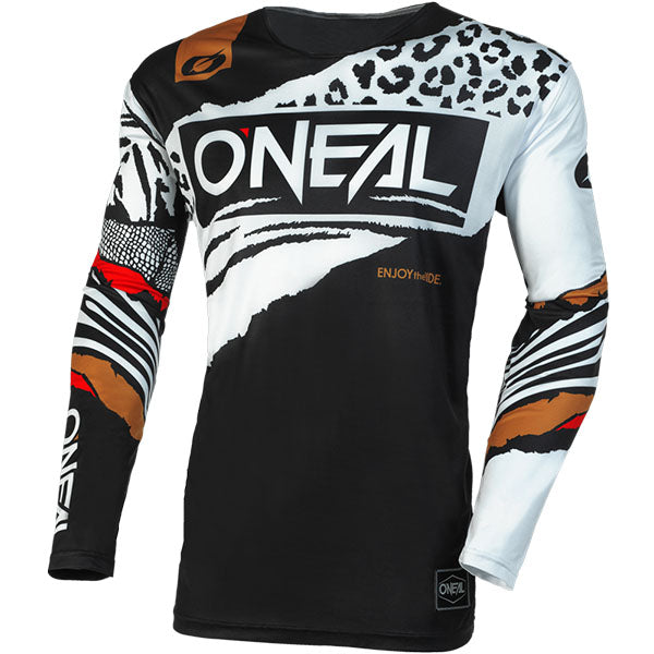 Studio image highlighting O'Neal, Mayhem Wild V.23 Jersey, SKU M004-704, color options Black/Grey, Black/White, sizes XL–2X