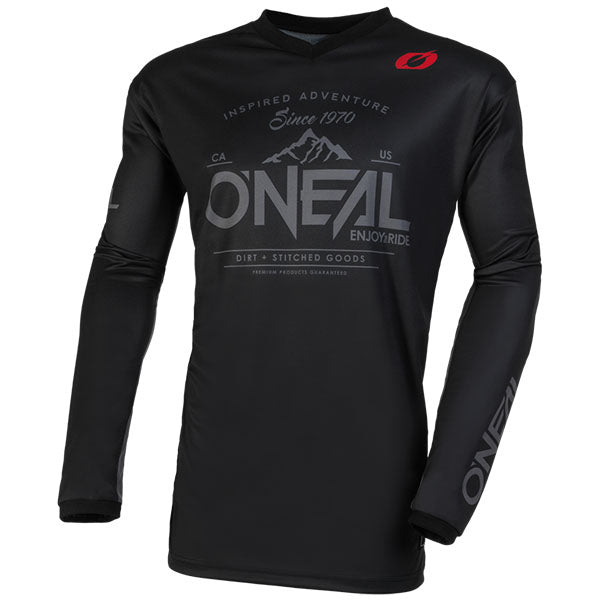 Studio product photo on a neutral background of O'Neal, Element Dirt V.23 Jersey, SKU E004-615, color options Black/Sand, Black/Grey, sizes XL–2X