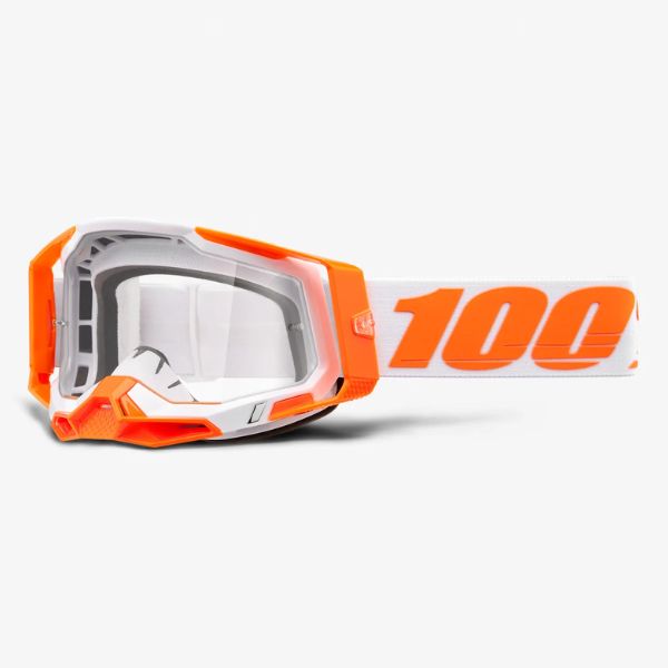 Studio image highlighting 100%, Racecraft 2.0 Goggle (Clear Lens), Goggles, SKU 26013210, color options Concordia, Battleship, Snowbird, Topo, Kalkuta, Neon Yellow, Fluo Yellow, Panam and more