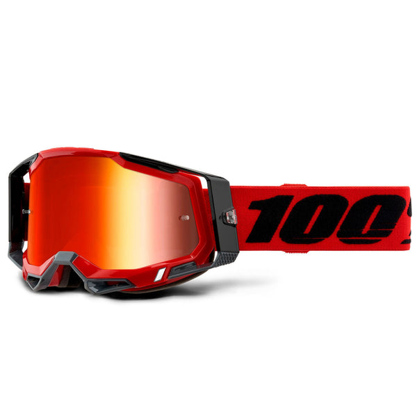 High-resolution studio image of 100%, Racecraft 2.0 Goggle (Mirror Lens), Goggles, SKU 26012905, color options Arbis, Mirror Silver Lens, Mayfair, Mirror Silver Lens, Maho, Silver Flash Lens, Concordia, Mirror Blue Lens, Airblast, Mirror Silver Lens, Blue, Mirror Blue Lens, Fremont, Mirror Blue Lens, Red, Mirror Red Lens and more