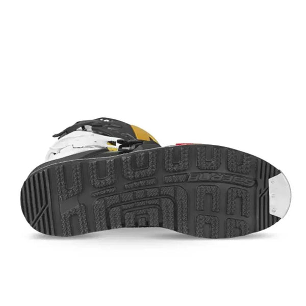 Studio product photo on a white background of Gaerne, SG-22 LE Jarvis 50th Anniversary Boots, Product image bottom view of Gaerne SG-22 LE Jarvis 50th Anniversary dirt bike boot featuring deep tread pattern and metal toe cap for traction and durability on off-road pegs and terrain, Color: Red/Black/Grey, Sizes: 9 to 13, SKU: 480-66709, front view, Colors: Red/Black/Grey, SKU 480-667
