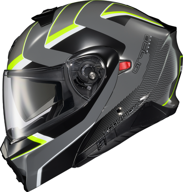 Grey/Hi-Viz, Scorpion EXO - EXO-GT930 Transformer Helmet, front three-quarter view, sizes: 2XL, 3XL, L, M, S, XL, color options: Morph Blue/Red, Morph Grey/Hi-Viz, Morph Orange, Morph Platinum