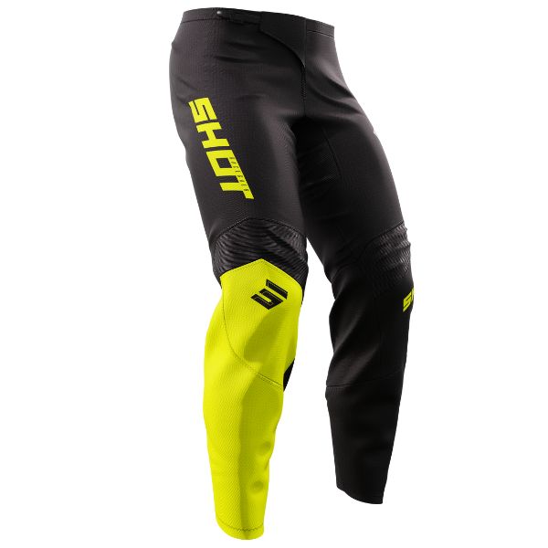 Right side view of Shot Race Gear Draw Squad Pants neon yellow—articulated knees; off-road. Size 38, SKU A07-11D1-A01-38.
