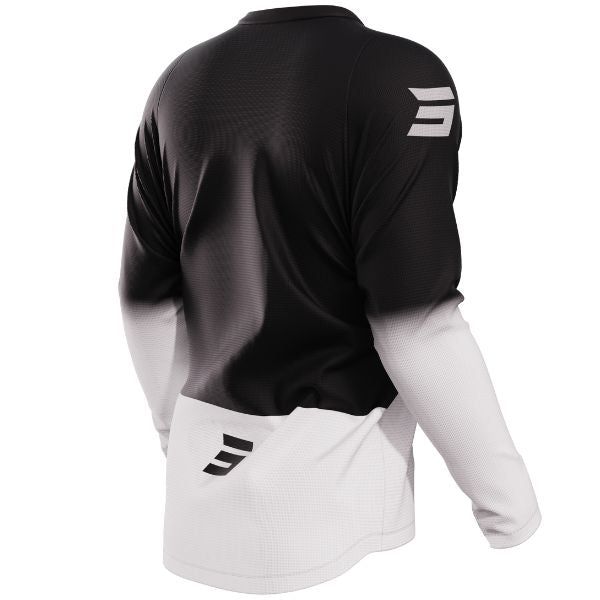 Back view of Shot Race Gear Reflex Jersey black—anatomic cut, Lycra collar, mesh cuffs, drop-tail back, vented wrist panel. Sizes S–3XL. SKU A08-12C1-A01-08.
