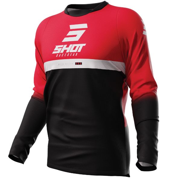 Shot Race Gear Reflex Jersey red—mesh wrist ventilation, Lycra collar, drop-tail fit for MX. Sizes S–3XL. SKU A08-12C1-A01-10.