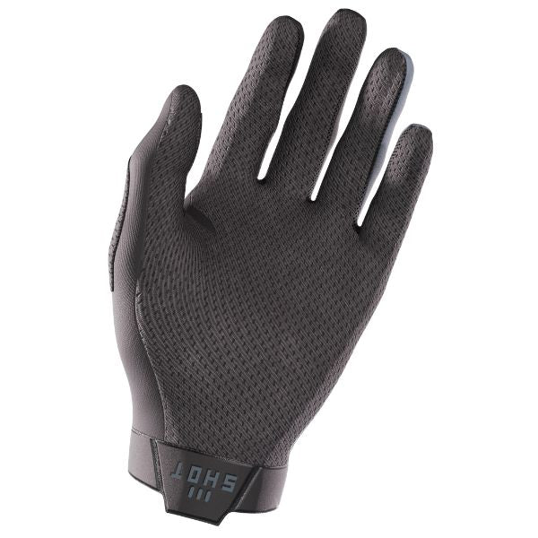 Shot Race Gear Lite Gloves in black—stretch, lightweight build with mesh finger gussets, fully perforated cool-grip palm, neoprene cuff (no Velcro), reinforced thumb/index, TPR accents. Sizes M–3XL. SKU A08-13A1-A01-09.