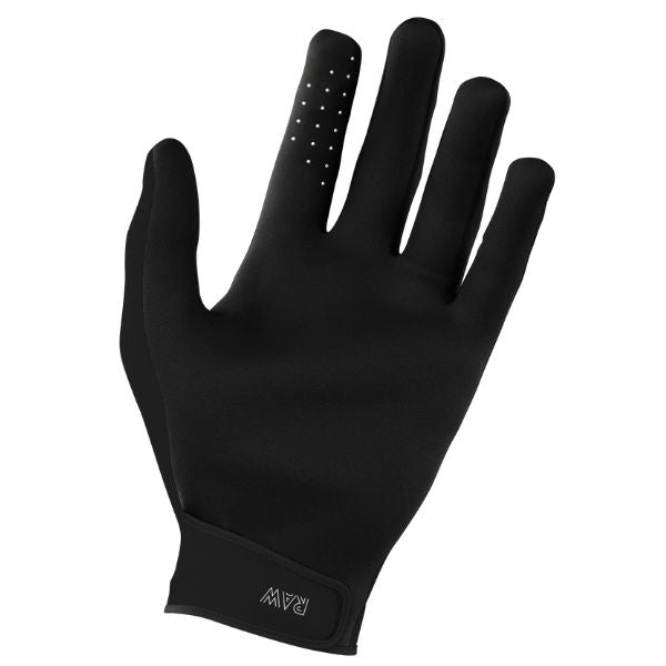 Palm view, Raw Gloves Youth black—lightweight anatomic fit with silicone palm/finger prints; Velcro wrist. Sizes Y-XS–Y-XL. SKU A08-13D2-DK1-02.