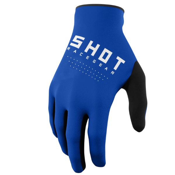 Shot Race Gear Raw Gloves in blue—silicone palm/finger prints for grip, Lycra finger gussets, Velcro wrist. Sizes S–3XL. SKU A08-13D1-D01-12.