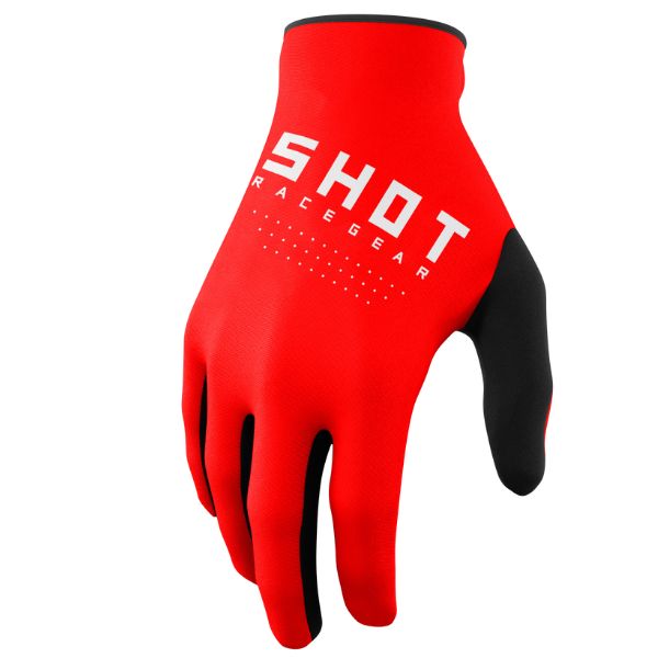 Shot Race Gear Raw Gloves in red—moisture-friendly, lightweight glove with silicone grip and Lycra gussets. Sizes S–3XL. SKU A08-13D1-D08-08.