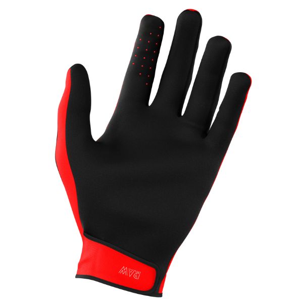 Back/side view, Raw Gloves red—adjustable Velcro wrist; abrasion-resistant thumb. Sizes S–3XL. SKU A08-13D1-D08-09.