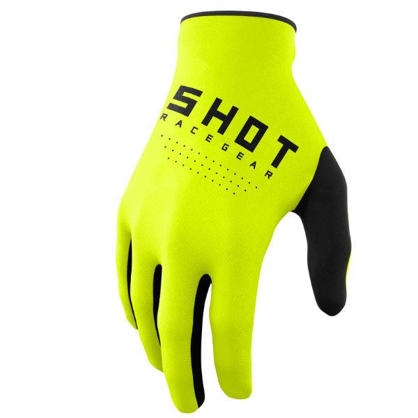 Shot Race Gear Raw Gloves (Youth), neon yellow colorway shown (variant may differ)—reinforced thumb, Lycra finger gussets, silicone grip, Velcro wrist. Sizes Y-XS–Y-XL. SKU A08-13D2-DK1-03.
