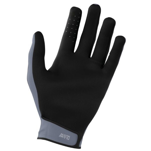Back/side view, Raw Gloves grey—anatomic fit with reinforced thumb for abrasion resistance. Sizes S–3XL. SKU A08-13D1-D01-11.