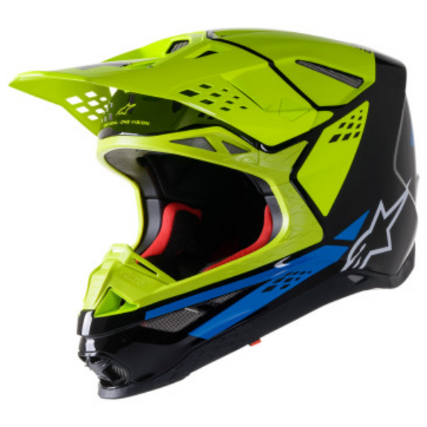 Blue/Orange/Yellow product view, lightweight off‑road motorcycle helmet with ventilation and impact protection