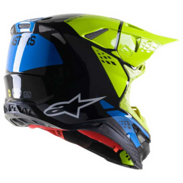 Black/Yellow/Blue product view, lightweight off‑road motorcycle helmet with ventilation and impact protection
