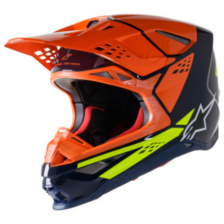 Alpinestars - Supertech M8 Factory MIPS HelmetBlue/Orange/Yellow product view, lightweight off‑road motorcycle helmet with ventilation and impact protection