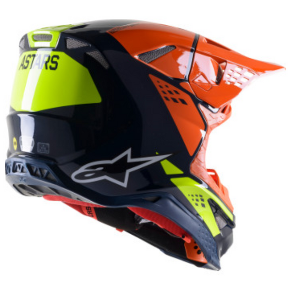 Blue/Orange/Yellow product view, lightweight off‑road motorcycle helmet with ventilation and impact protection