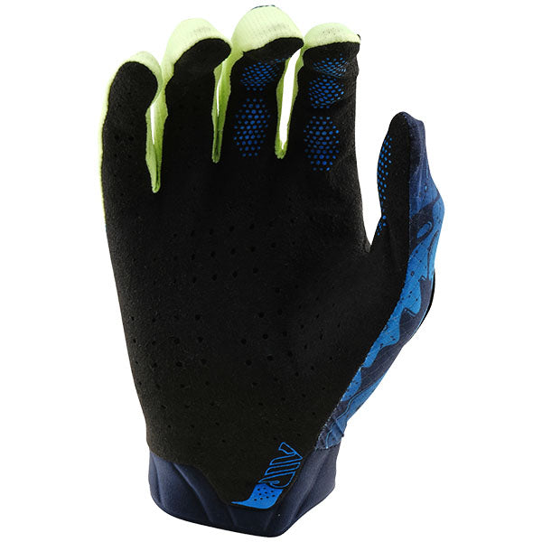 Product image of Troy Lee Designs BTO Sports 0075 TLD B25D1 AIR GLOVE DRIP GLOYLLW DRKNVY 02 motocross gloves showing fit, construction, and colorway | Available at BTO Sports