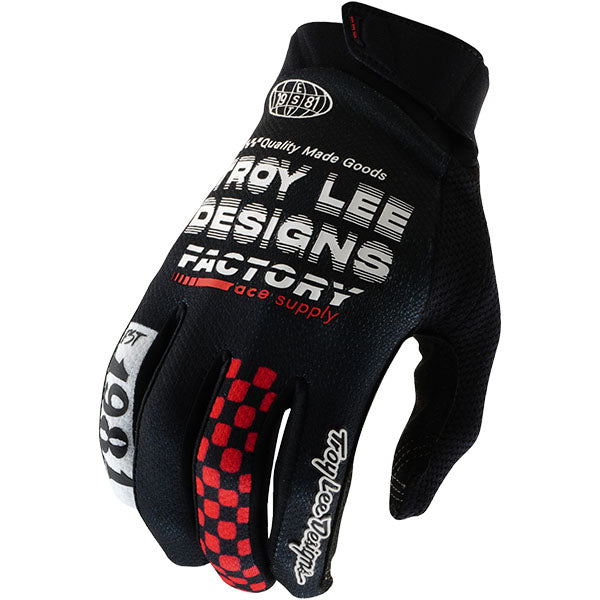Product image of Troy Lee Designs BTO Sports 0102 TLD M25D1 GPPRO GLOVE FACTORY BLK 01 motocross gloves showing fit, construction, and colorway | Available at BTO Sports