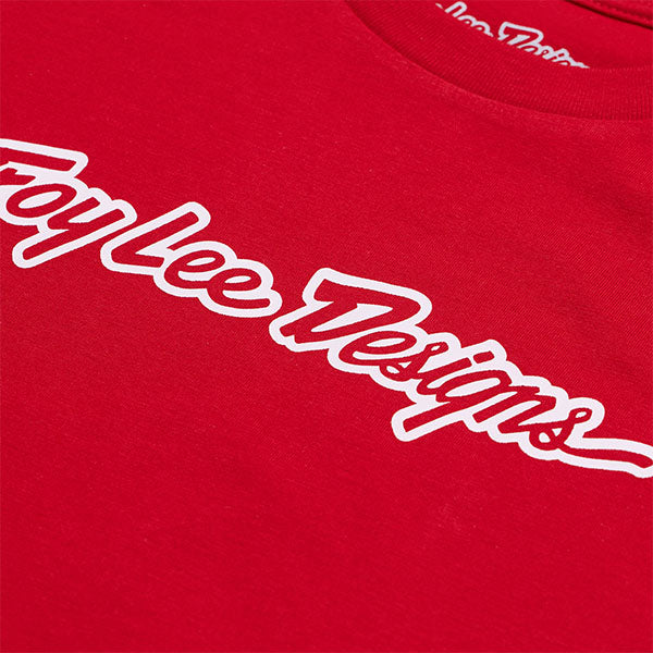 Studio photo on a white background of Troy Lee Designs Signature Tee (Youth); showing tee fit, printed graphics, and crew neckline; SKU 7249170