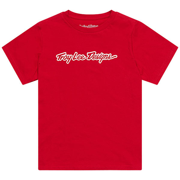 Crisp studio image on a white background of Troy Lee Designs Signature Tee (Youth); showing tee fit, printed graphics, and crew neckline; SKU 7249170