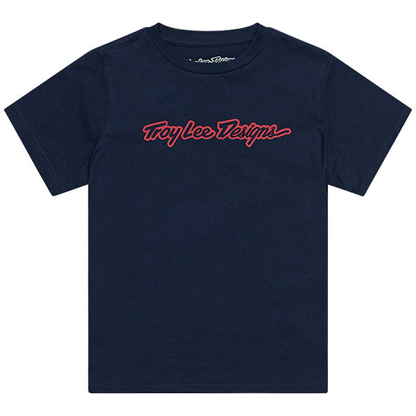 Crisp studio image on a white background of Troy Lee Designs Signature Tee (Youth); showing tee fit, printed graphics, and crew neckline; SKU 7249170