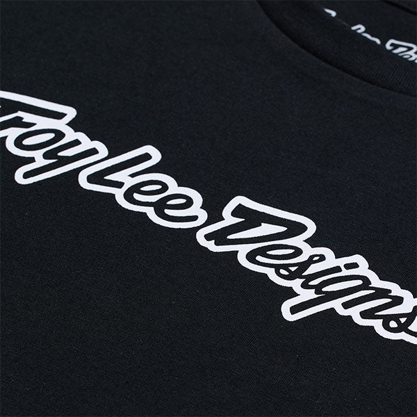 Studio photo on a white background of Troy Lee Designs Signature Tee (Youth); showing tee fit, printed graphics, and crew neckline; SKU 7249170