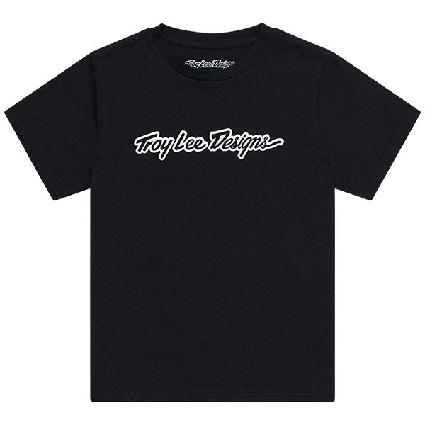 Crisp studio image on a white background of Troy Lee Designs Signature Tee (Youth); showing tee fit, printed graphics, and crew neckline; SKU 7249170