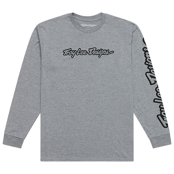 Clean studio shot of Troy Lee Designs Signature Long Sleeve Tee; showing long-sleeve cut, printed graphics, and crew neckline; SKU 7299170; Sizes: S-2XL