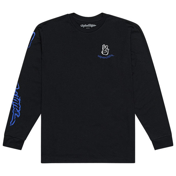 Studio photo on a white background of Troy Lee Designs Peace Out Long Sleeve Tee; showing long-sleeve cut, printed graphics, and crew neckline
