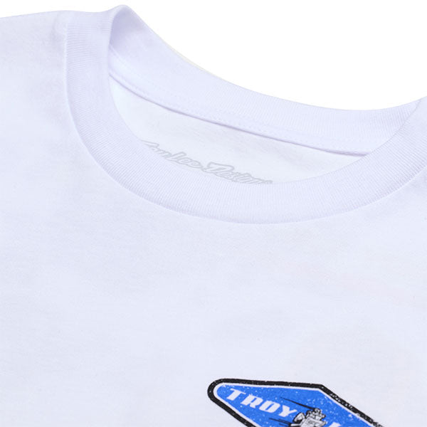 Studio photo on a white background of Troy Lee Designs Overload Long Sleeve Tee; showing long-sleeve cut, printed graphics, and crew neckline
