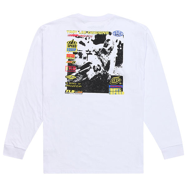 Crisp studio image on a white background of Troy Lee Designs Overload Long Sleeve Tee; showing long-sleeve cut, printed graphics, and crew neckline
