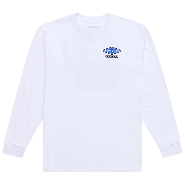 Professional studio photo of Troy Lee Designs Overload Long Sleeve Tee; showing long-sleeve cut, printed graphics, and crew neckline; SKU 7292520