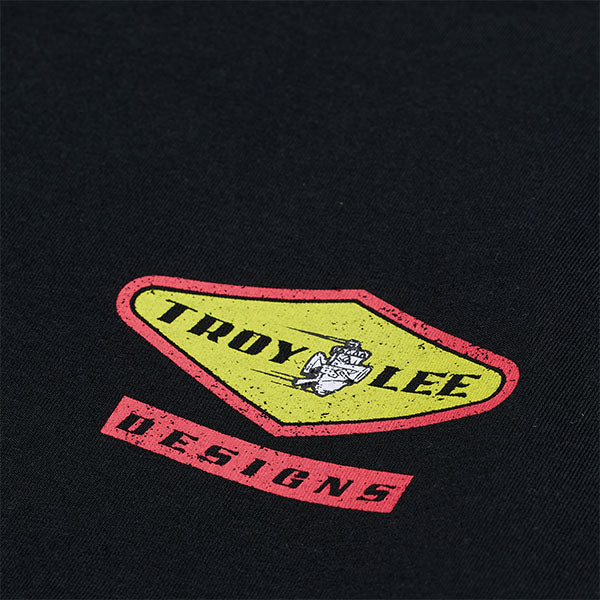 Clean studio shot of Troy Lee Designs Overload Long Sleeve Tee; showing long-sleeve cut, printed graphics, and crew neckline; SKU 7292520; Sizes: S-2XL