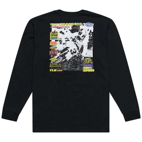 Crisp studio image on a white background of Troy Lee Designs Overload Long Sleeve Tee; showing long-sleeve cut, printed graphics, and crew neckline