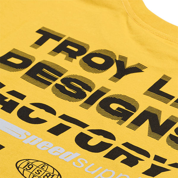 High-resolution studio image of Troy Lee Designs Factory Long Sleeve Tee; showing long-sleeve cut, printed graphics, and crew neckline; SKU 7298180