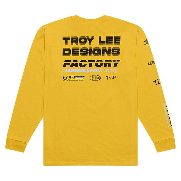 Crisp studio image on a white background of Troy Lee Designs Factory Long Sleeve Tee; showing long-sleeve cut, printed graphics, and crew neckline